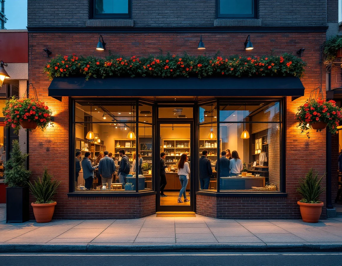Modern small business storefront at twilight with customers visible inside through lit windows