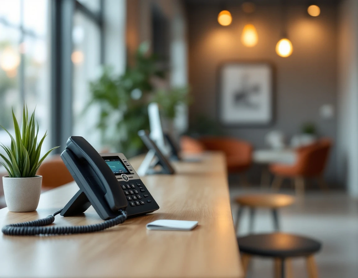 Modern reception desk with contemporary phone system in small business office environment