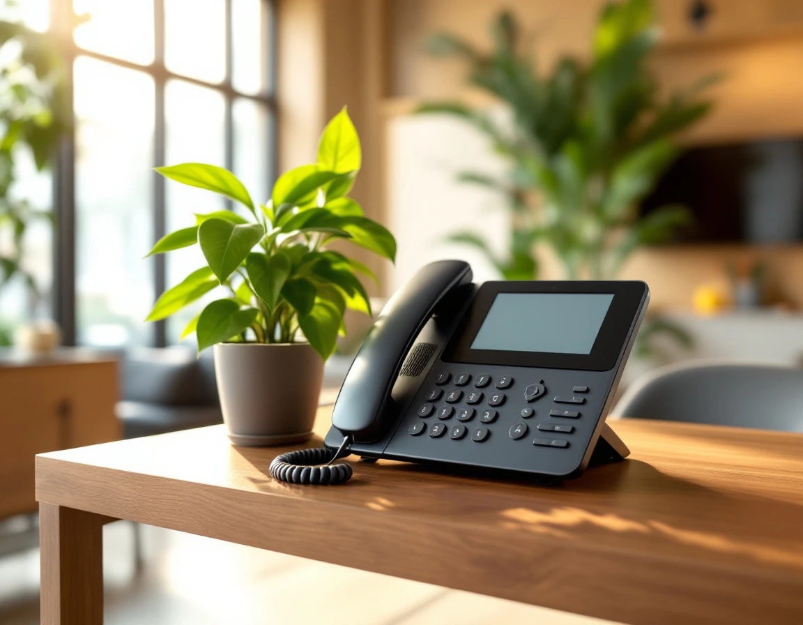 Modern IP phone on small business reception desk with natural lighting and office background