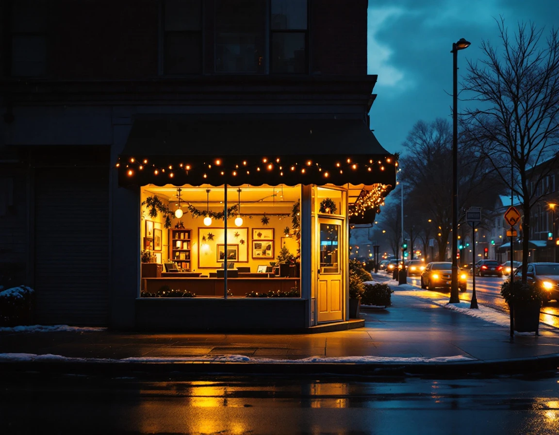 Small business storefront at dusk with empty reception desk visible through lit windows during holiday season