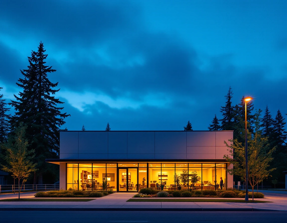 Small business office lit up during evening hours with warm interior lighting visible through windows