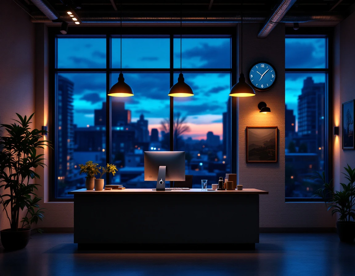 Empty small business reception desk illuminated during evening hours with darkening sky visible through windows