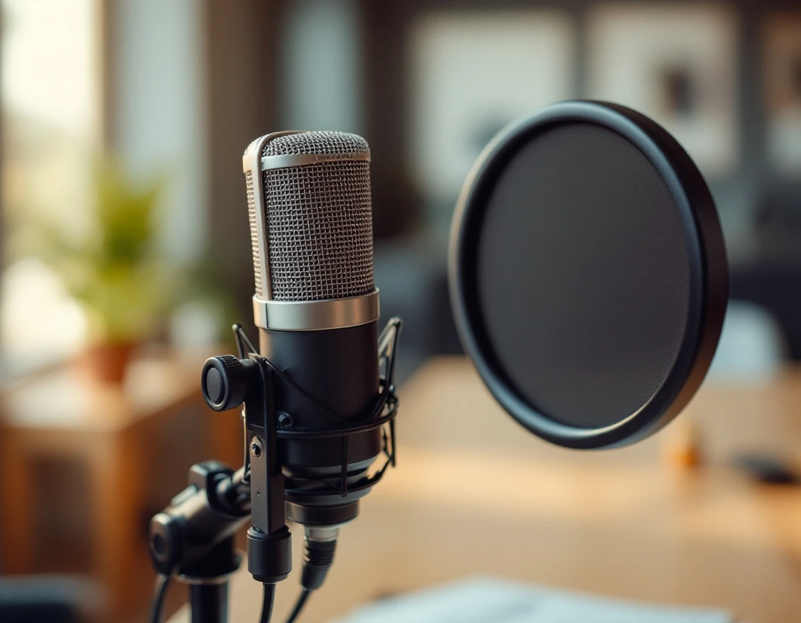 Professional recording microphone with pop filter on desk in office environment for business greeting recording