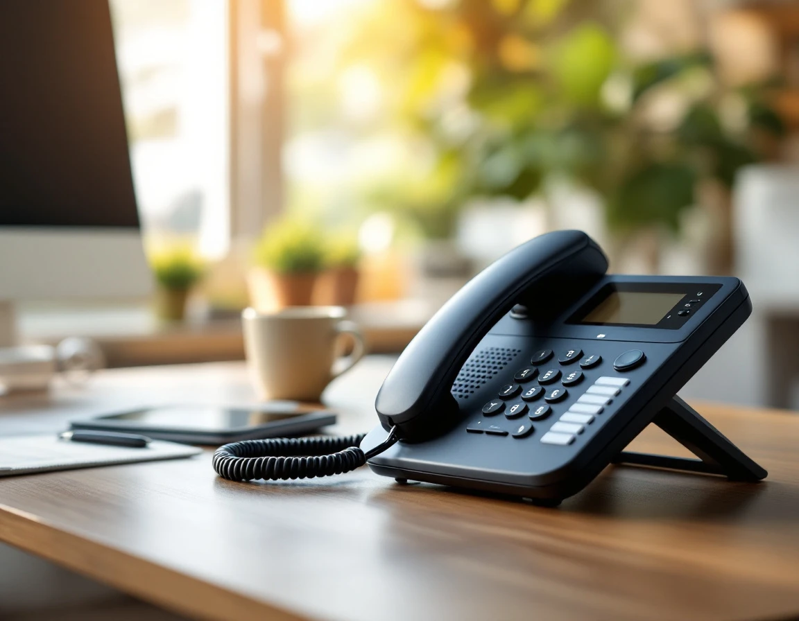 Professional office desk phone with coiled cord on wooden surface with natural window lighting