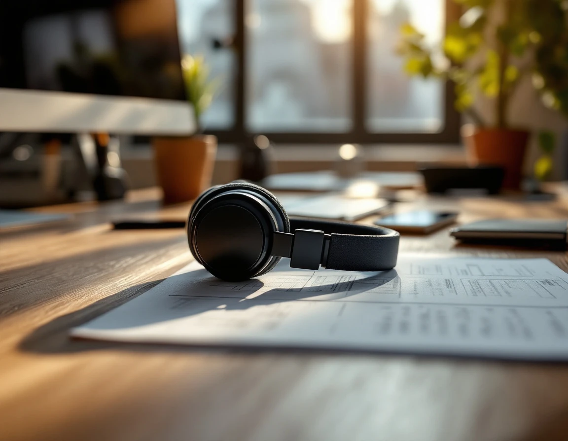 Professional headphones on wooden desk with natural afternoon window light creating workspace atmosphere