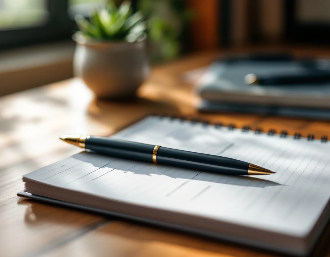 Notebook, pen, and succulent plant on wooden desk with natural sunlight creating organized workspace atmosphere