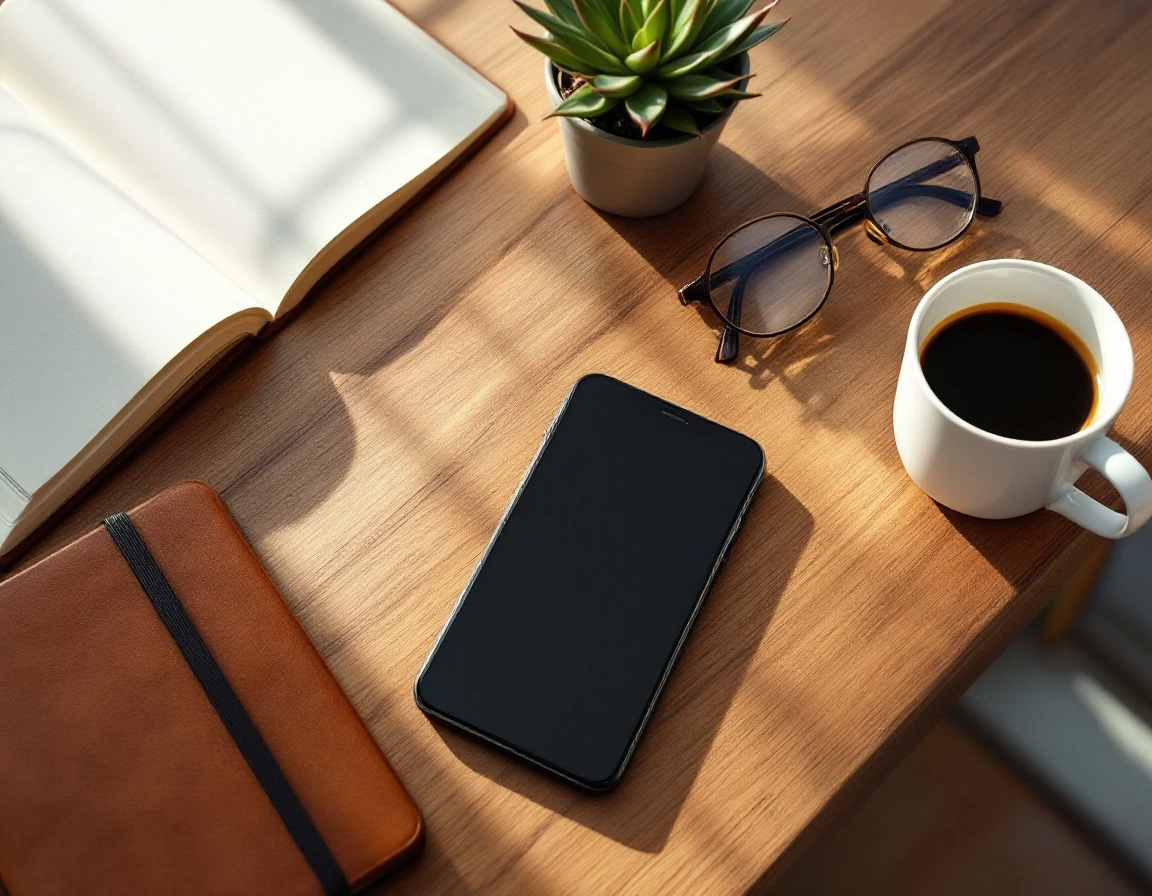 Minimalist desk workspace with smartphone, coffee, notebook and plant suggesting professional business communication