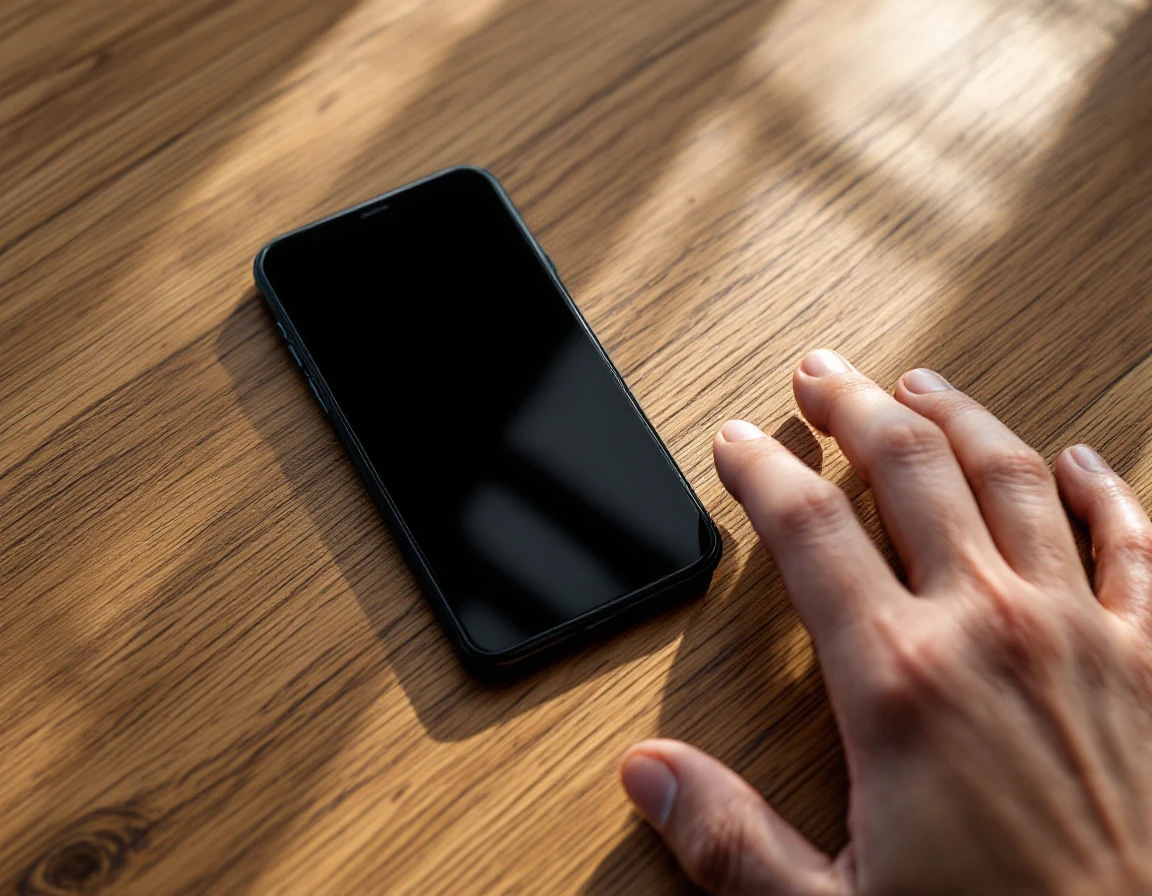 Smartphone on wooden desk with hand nearby in professional office setting