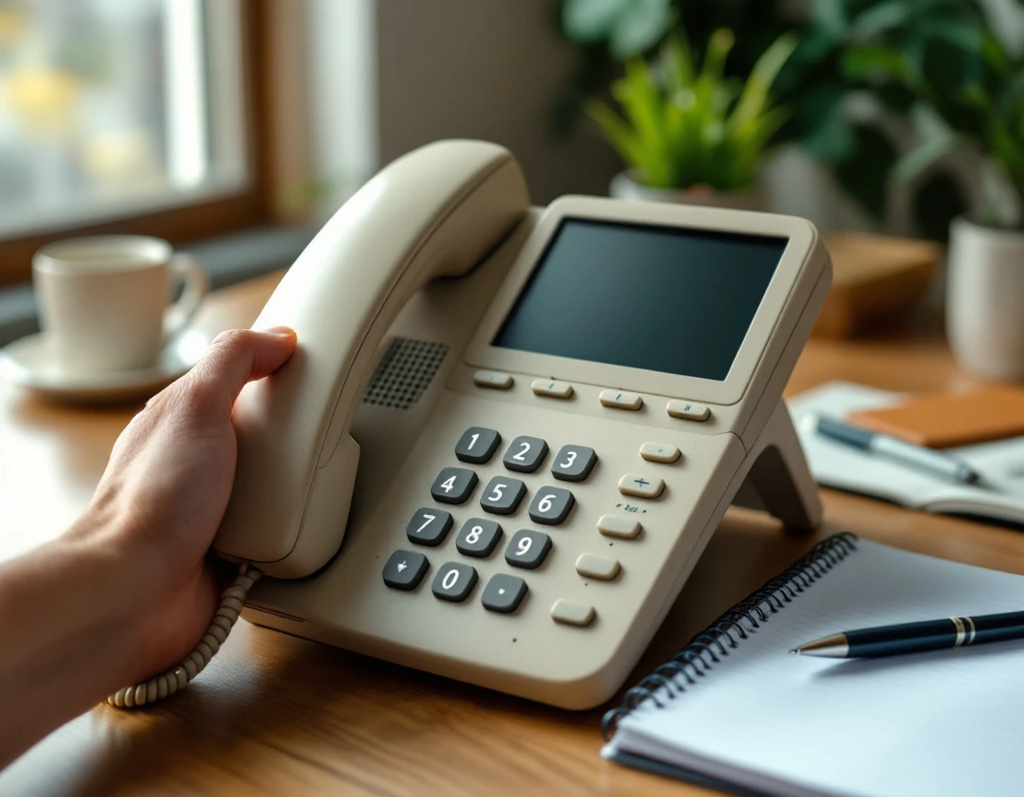 Business desk phone with blank display screen on professional office desk with coffee mug and notebook