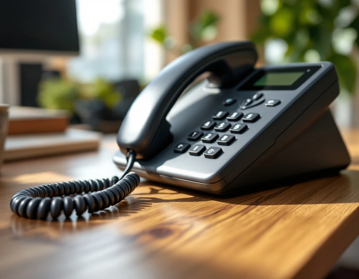 Business desk telephone handset and spiral cord on office desk showing professional call handling equipment