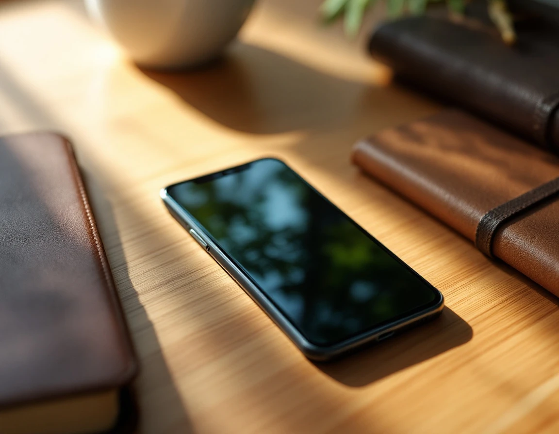 Modern business smartphone on wooden desk with soft natural lighting in professional office setting
