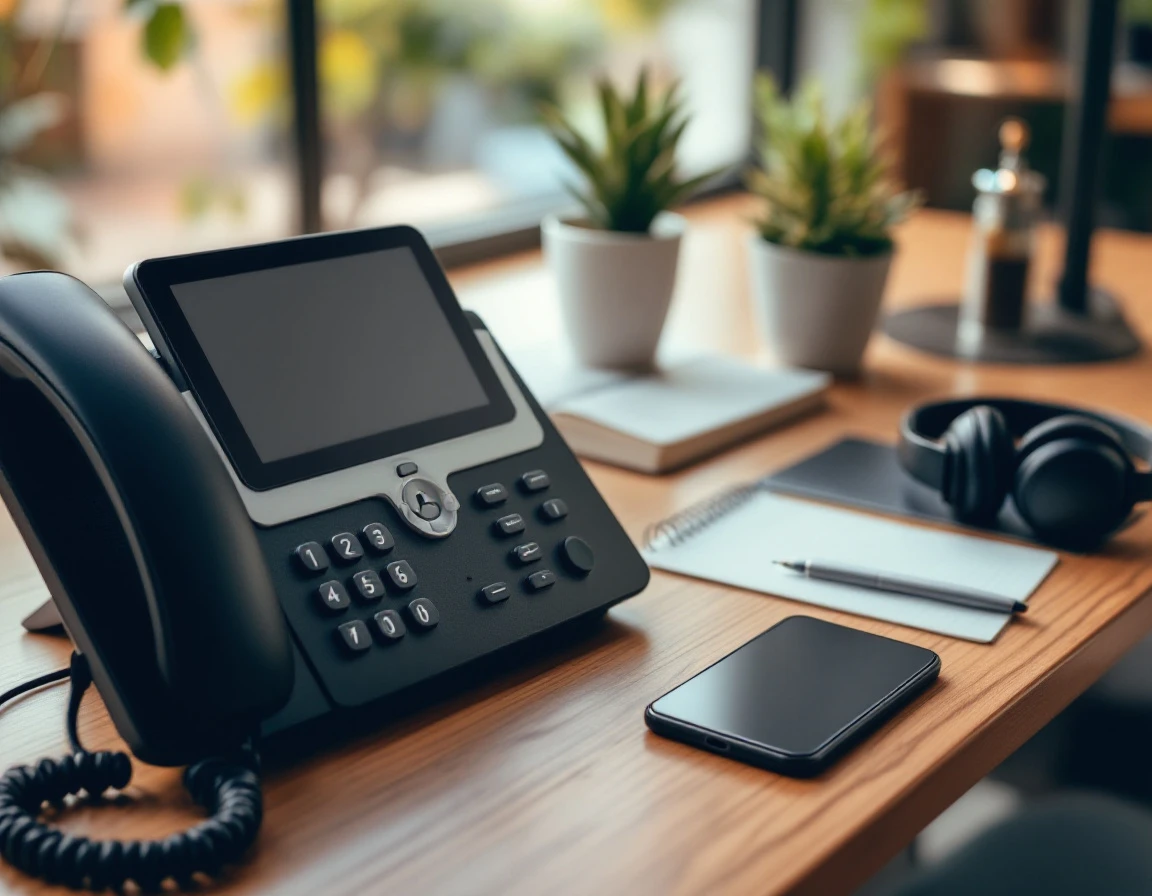 Office desk with phone and mobile device ready for high-volume customer communication during peak season