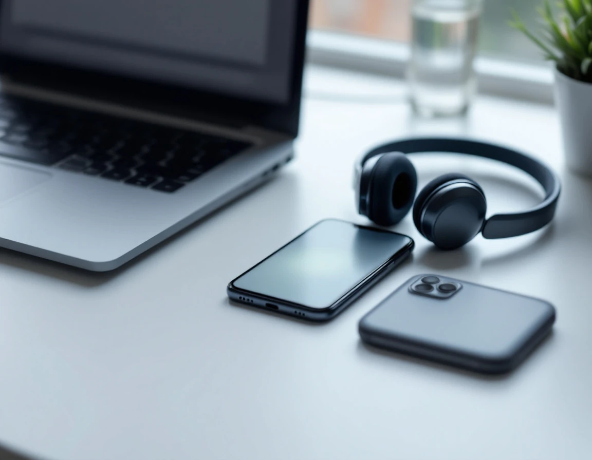 Modern workspace showing multiple communication devices including smartphone, laptop, and headset