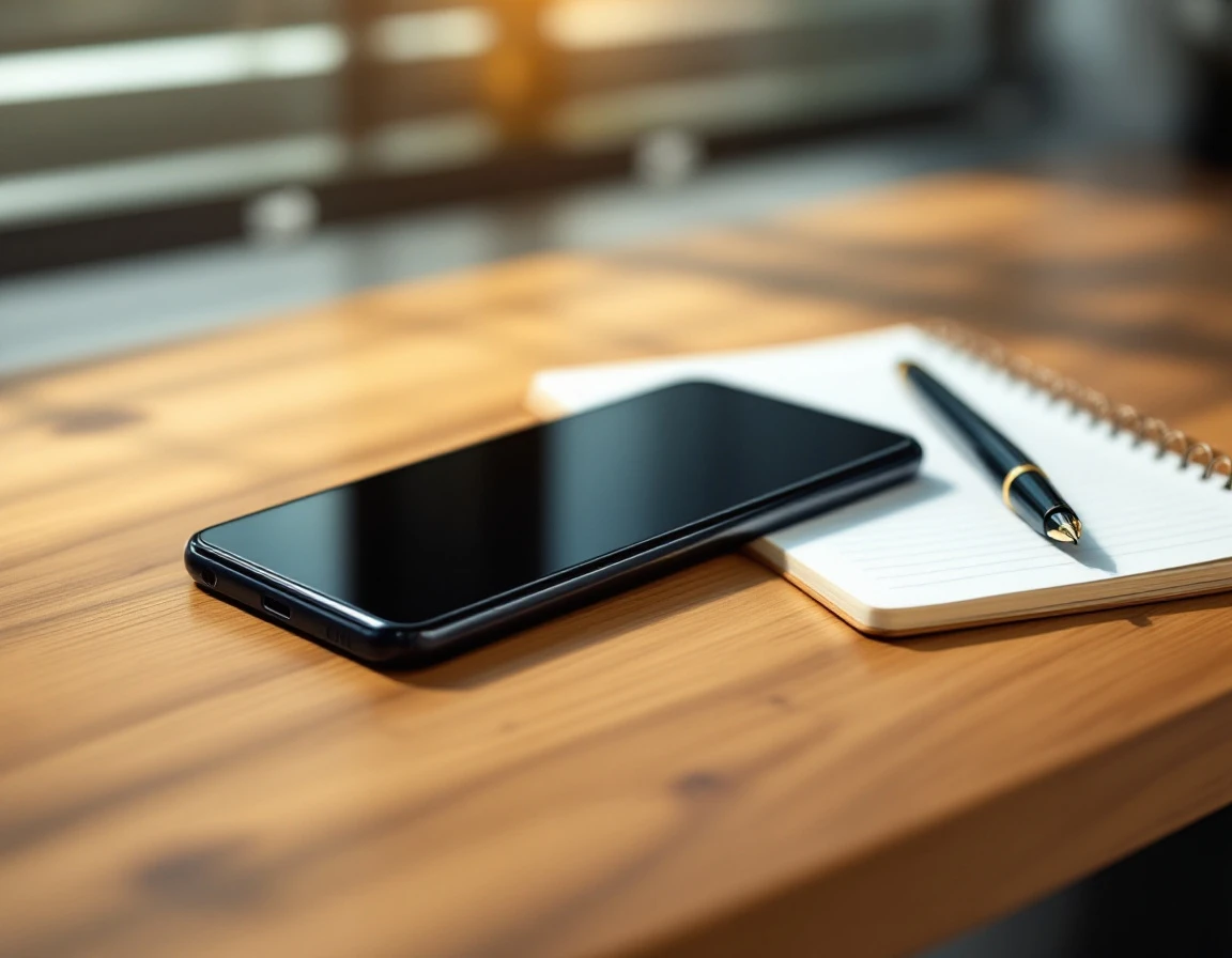 Smartphone on office desk with notepad and pen in natural lighting for business communication