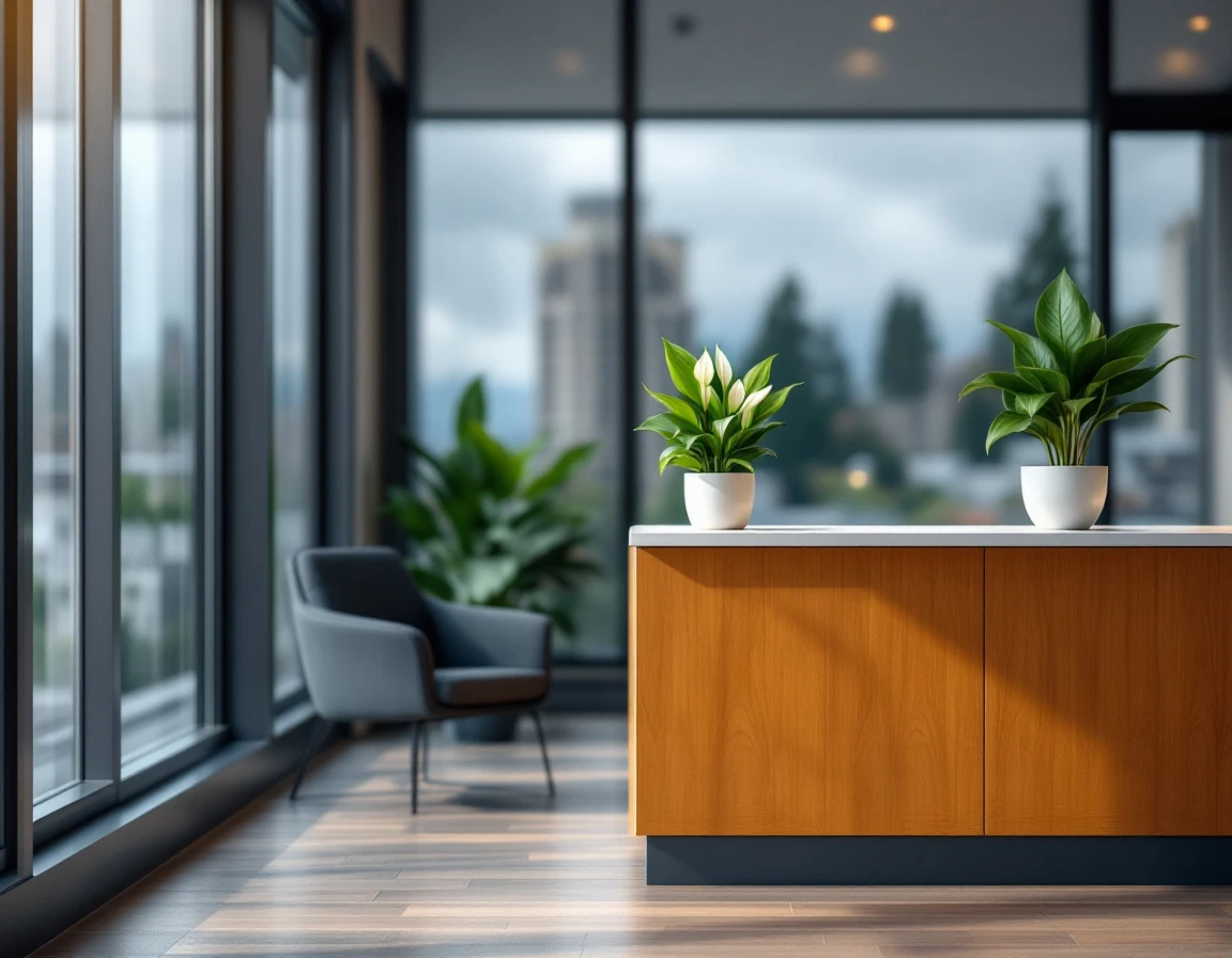Empty modern reception desk with office chair and natural window lighting in contemporary workspace
