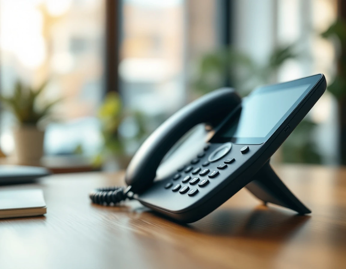 Desk phone with blurred keypad in natural office lighting emphasizing communication hardware details