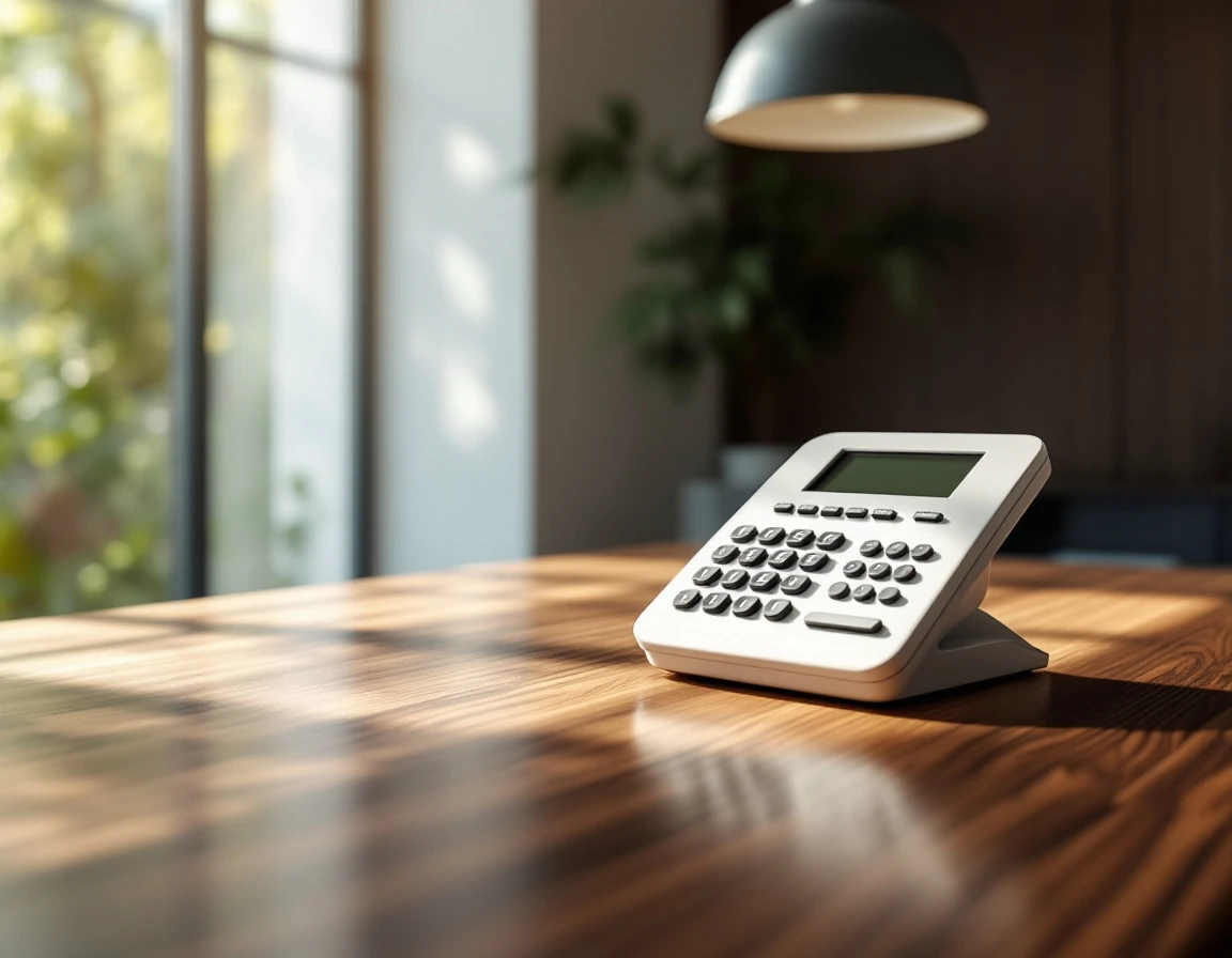 Modern office telephone on wooden desk with natural window lighting in professional workspace