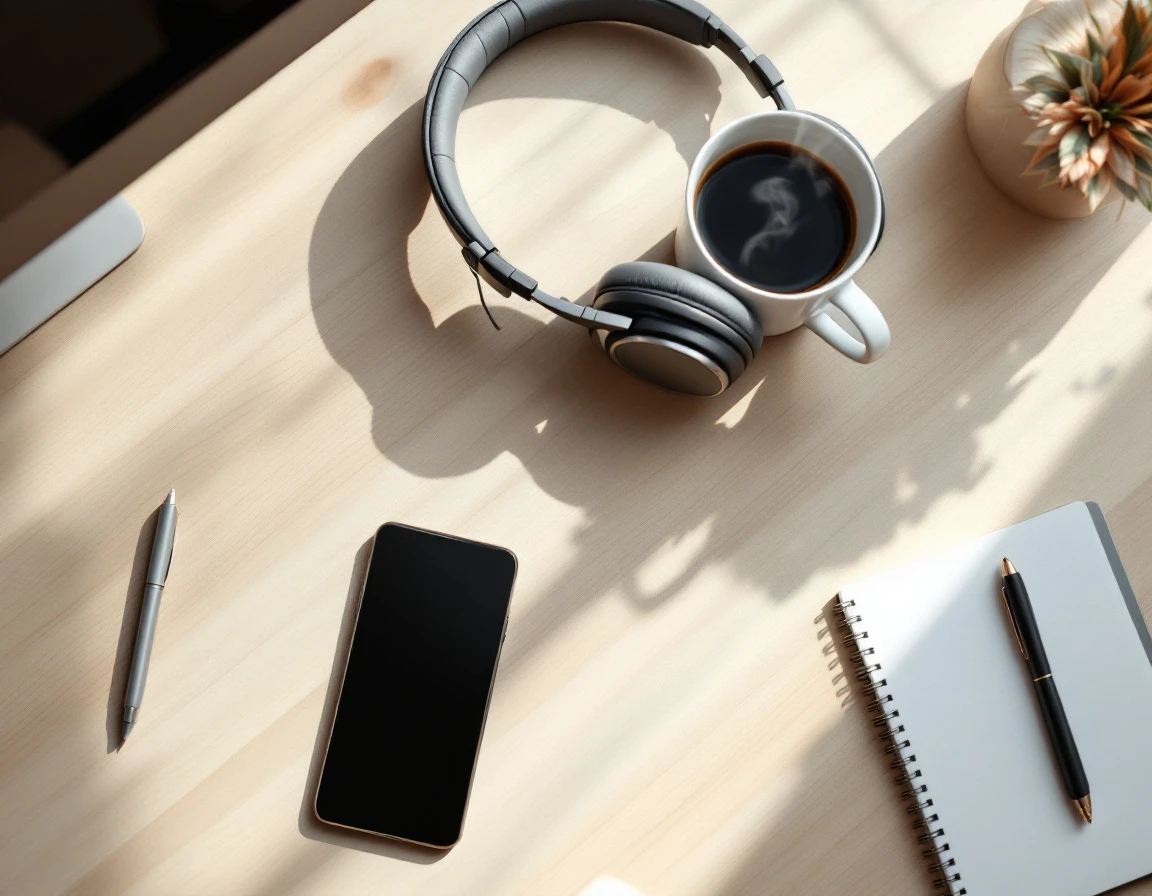 Professional workspace with headphones, coffee, and phone face-down showing modern customer service setup