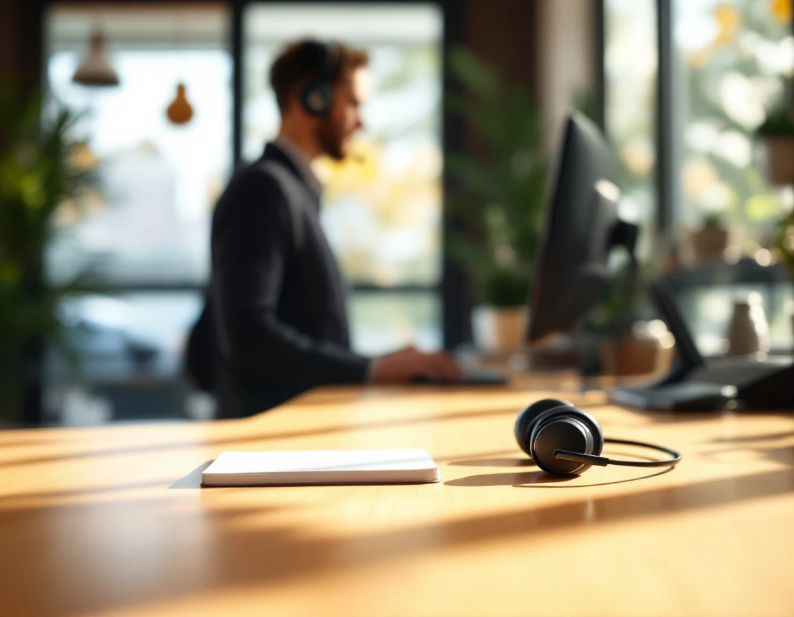 Customer service headset on minimalist reception desk with natural window lighting