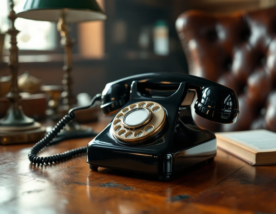 Vintage rotary telephone on leather desk with warm natural lighting and period office furnishings