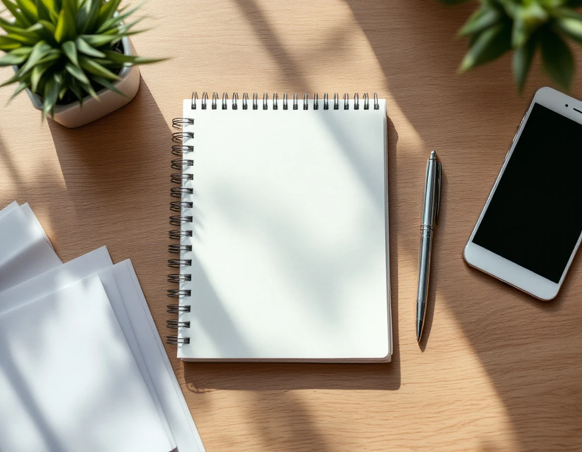 Blank notebook with pen and smartphone on wooden desk representing business consultation tools