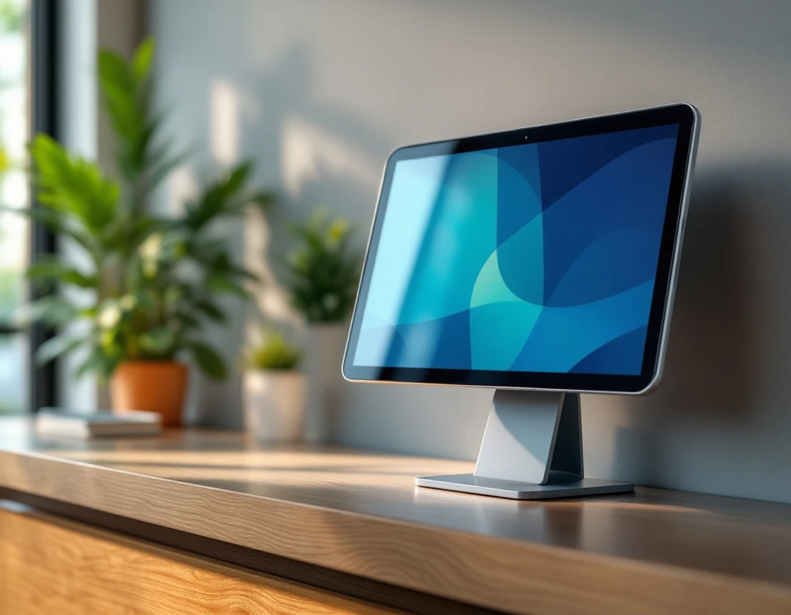 Modern reception desk with tablet device in professional office setting with natural lighting