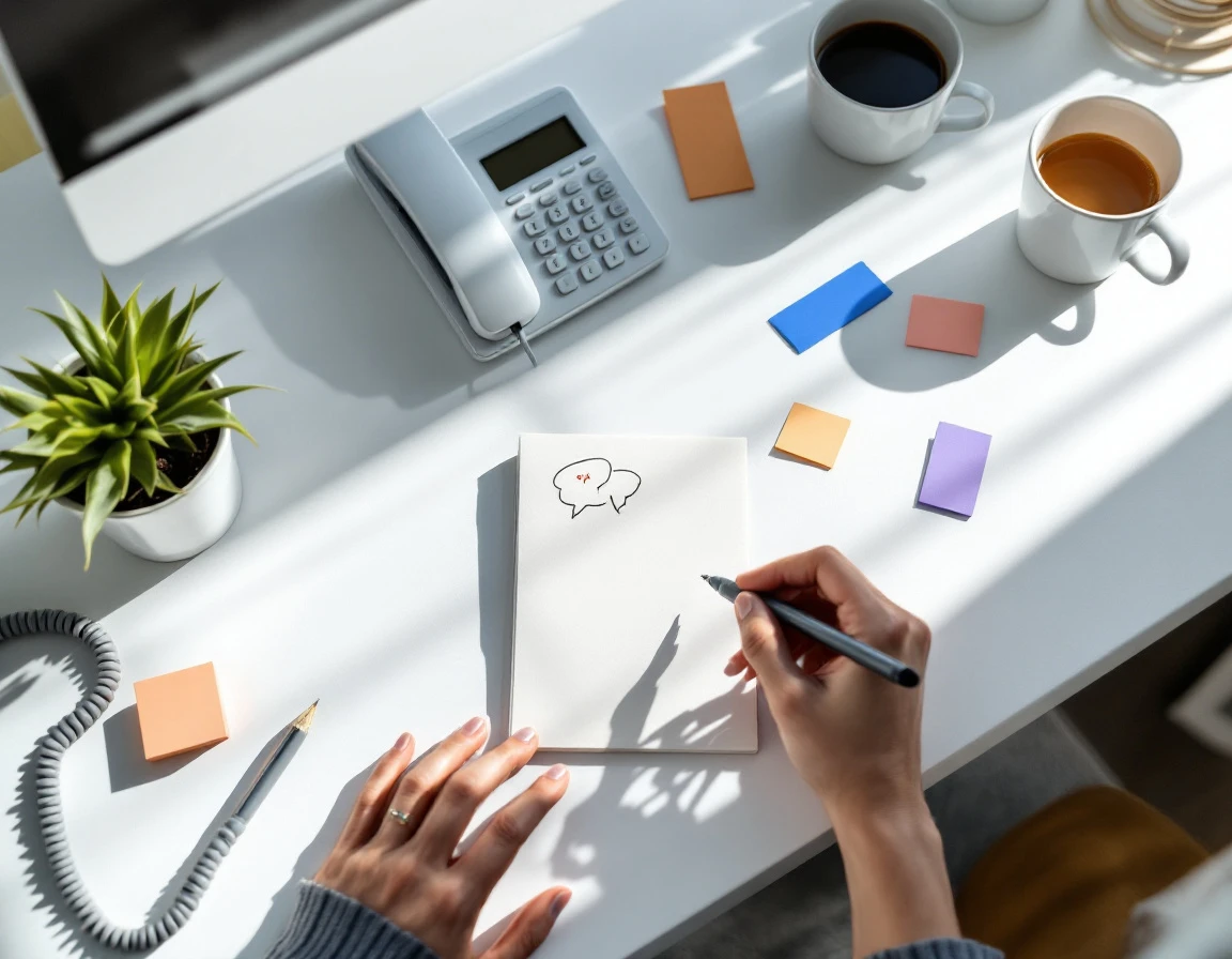 Minimalist workspace with telephone, feedback cards, and communication tools for customer engagement