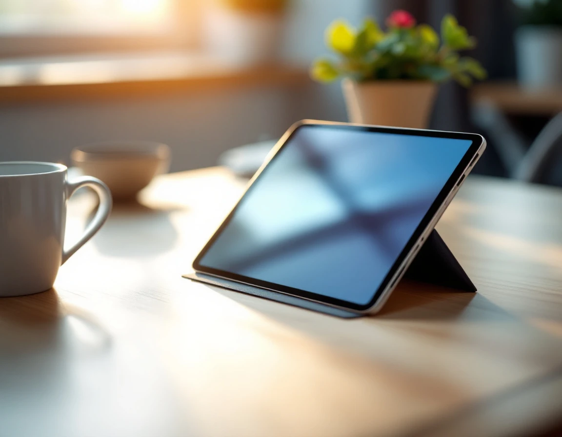 Modern tablet on wooden desk displaying blurred customer communication platform interface in professional workspace