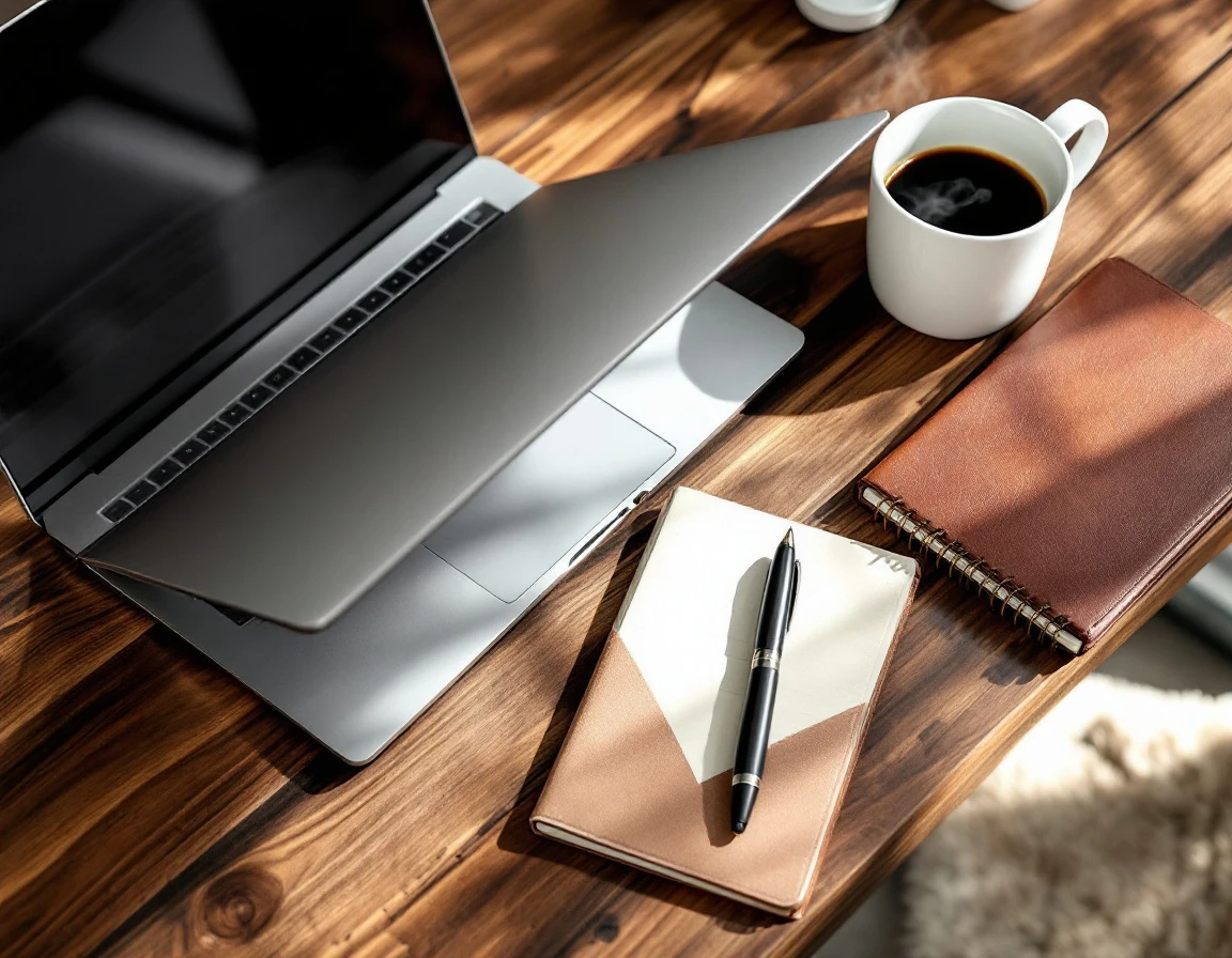 Modern workspace with laptop, coffee, and headphones on wooden desk showing remote business environment