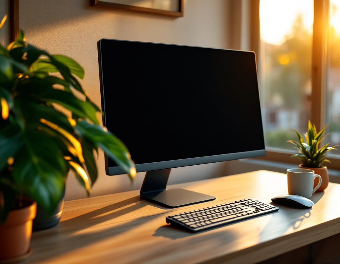 Modern home office workspace with generic monitor and plants bathed in natural golden hour light