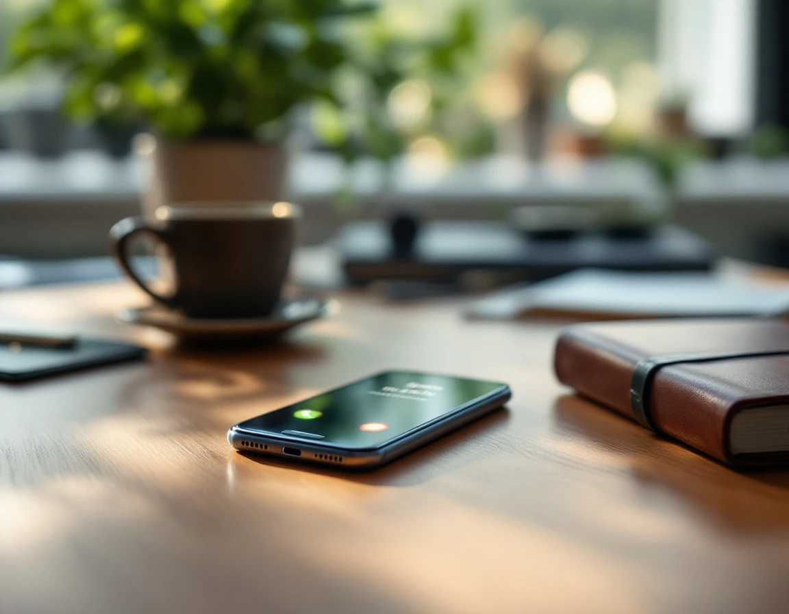 Business smartphone on wooden desk receiving incoming call in naturally lit office setting