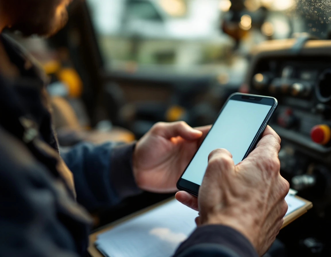 Service business owner holding smartphone in work vehicle during morning call