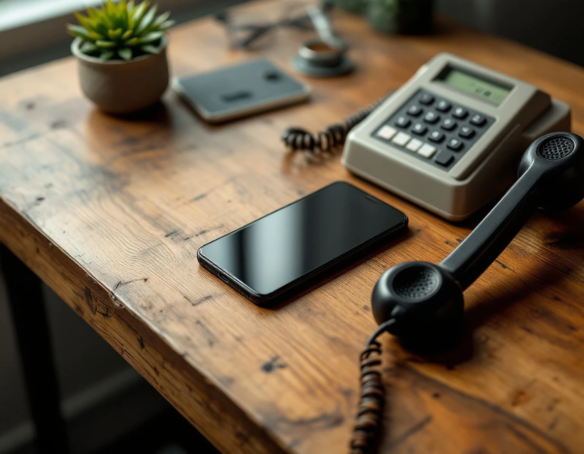 Modern smartphone and vintage desk phone handset resting on weathered oak desk surface