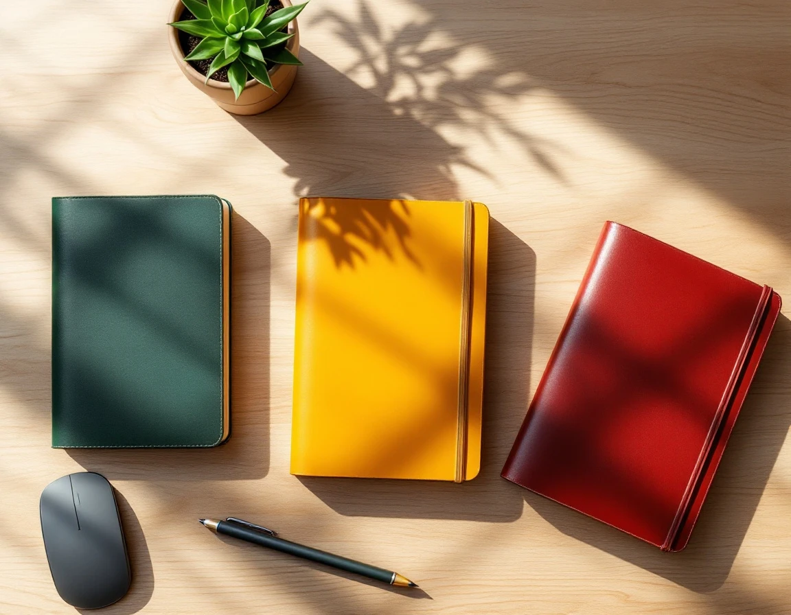 Three color-coded notebooks in green, yellow, and red arranged on desk with office supplies and plant