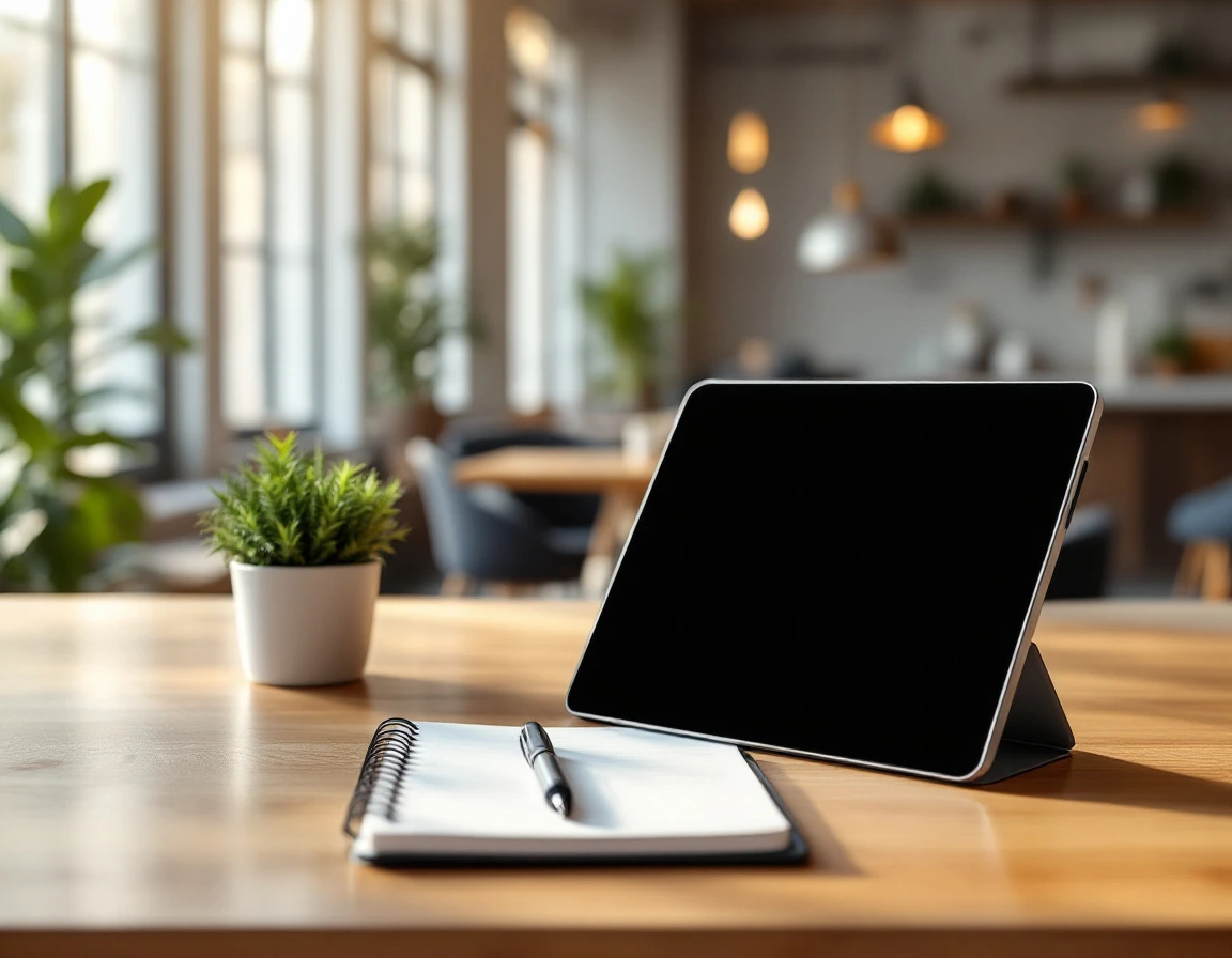 Modern reception desk with tablet and organized workspace showing professional office environment