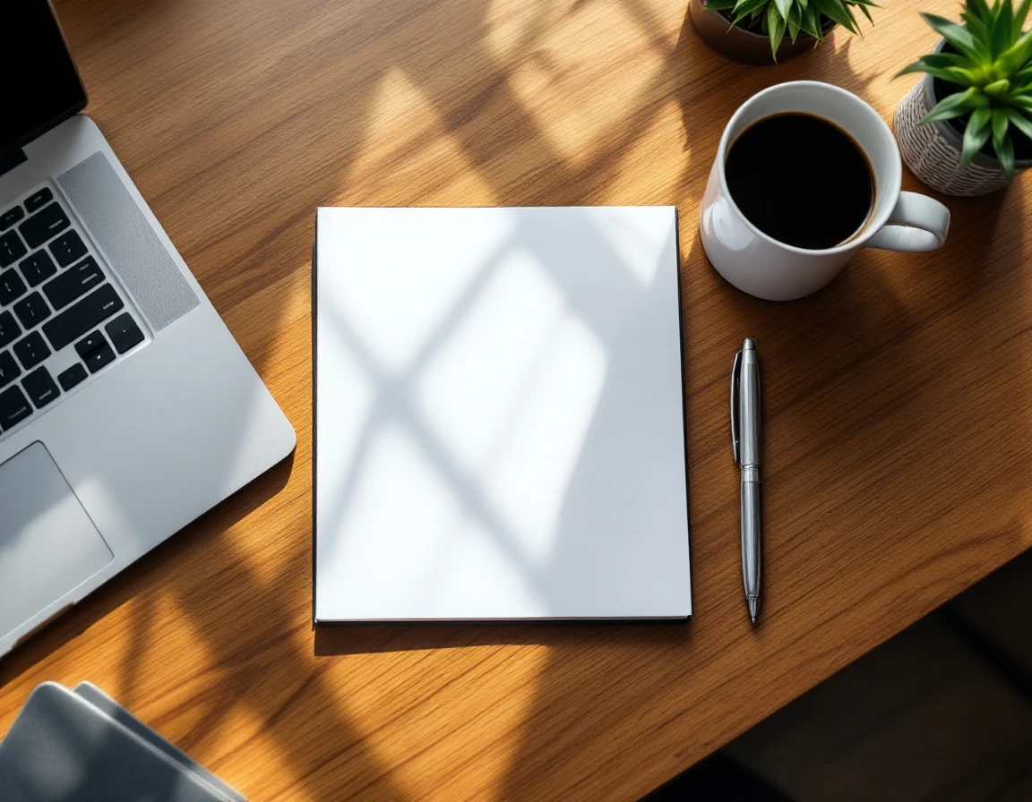 Minimalist desk with blank notepad, coffee, and laptop suggesting business governance planning