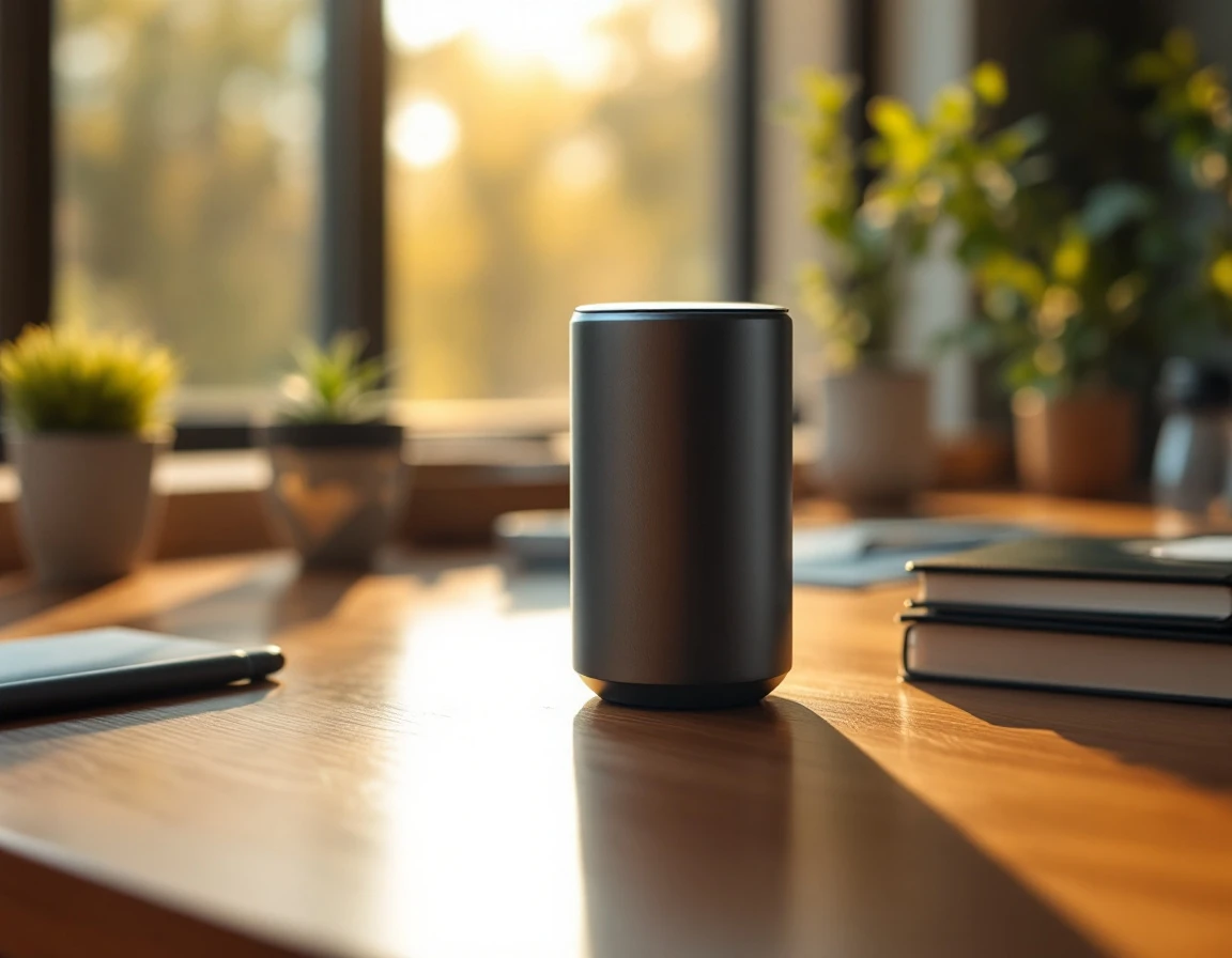 Modern AI-powered smart speaker device on office desk with natural golden hour lighting