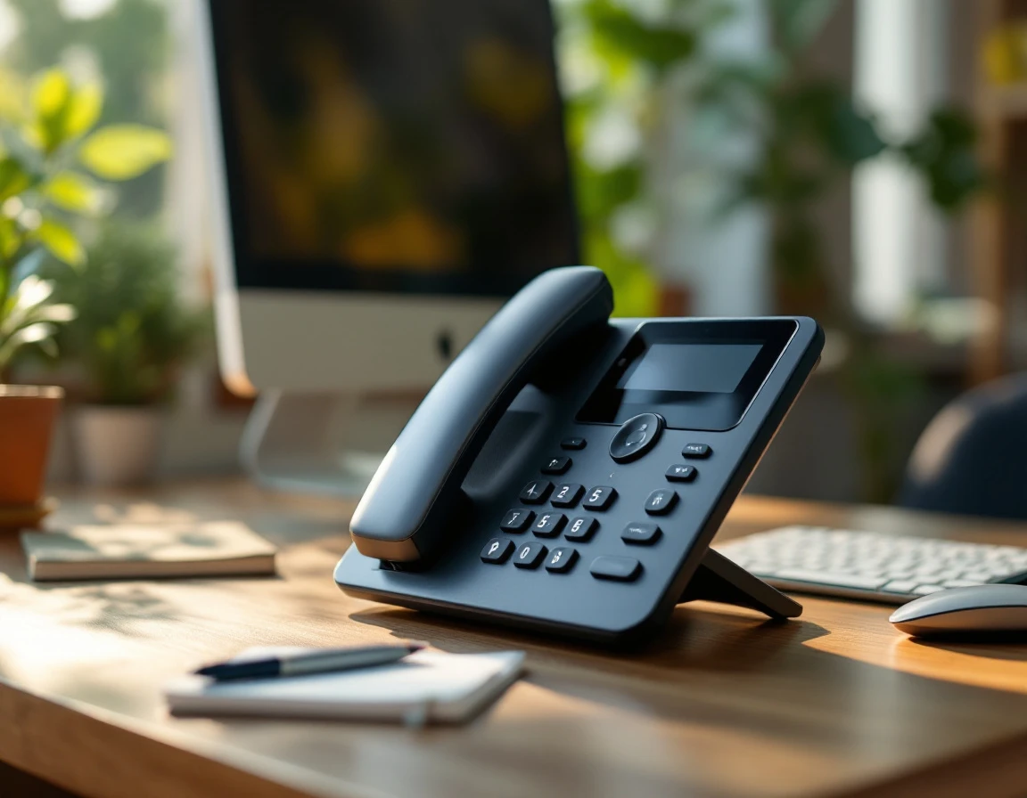 Cordless desk phone on wooden office surface with natural window lighting and soft-focus workspace background