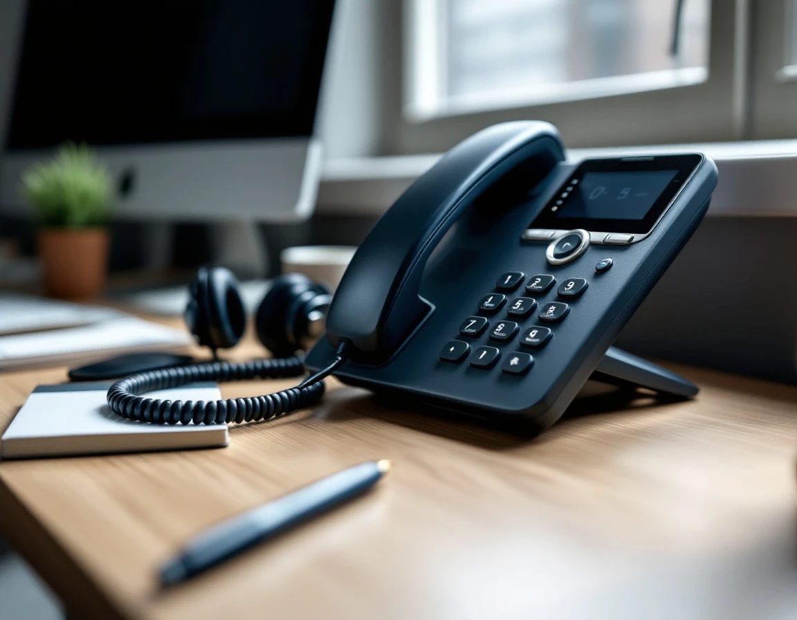 Business telephone handset and wireless headset on office desk representing hybrid communication tools