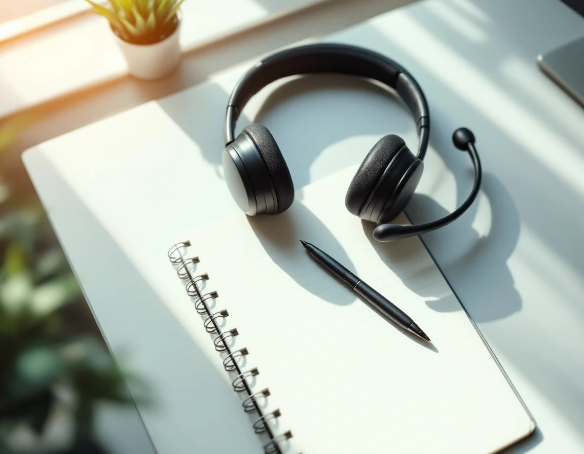 Professional business telephone headset and notebook on modern office desk with natural lighting
