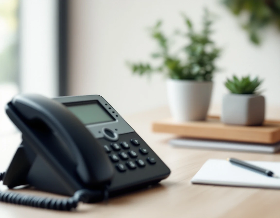 Business phone handset blurred in foreground with coffee cup and office plant on minimal desk workspace