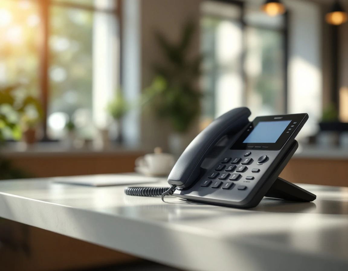Modern desk phone on reception counter with natural lighting in small business office setting