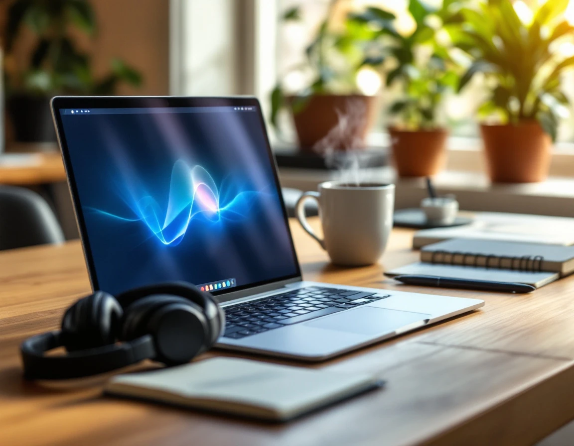 Modern office desk with laptop, headphones, and notebook showing AI communication technology workspace