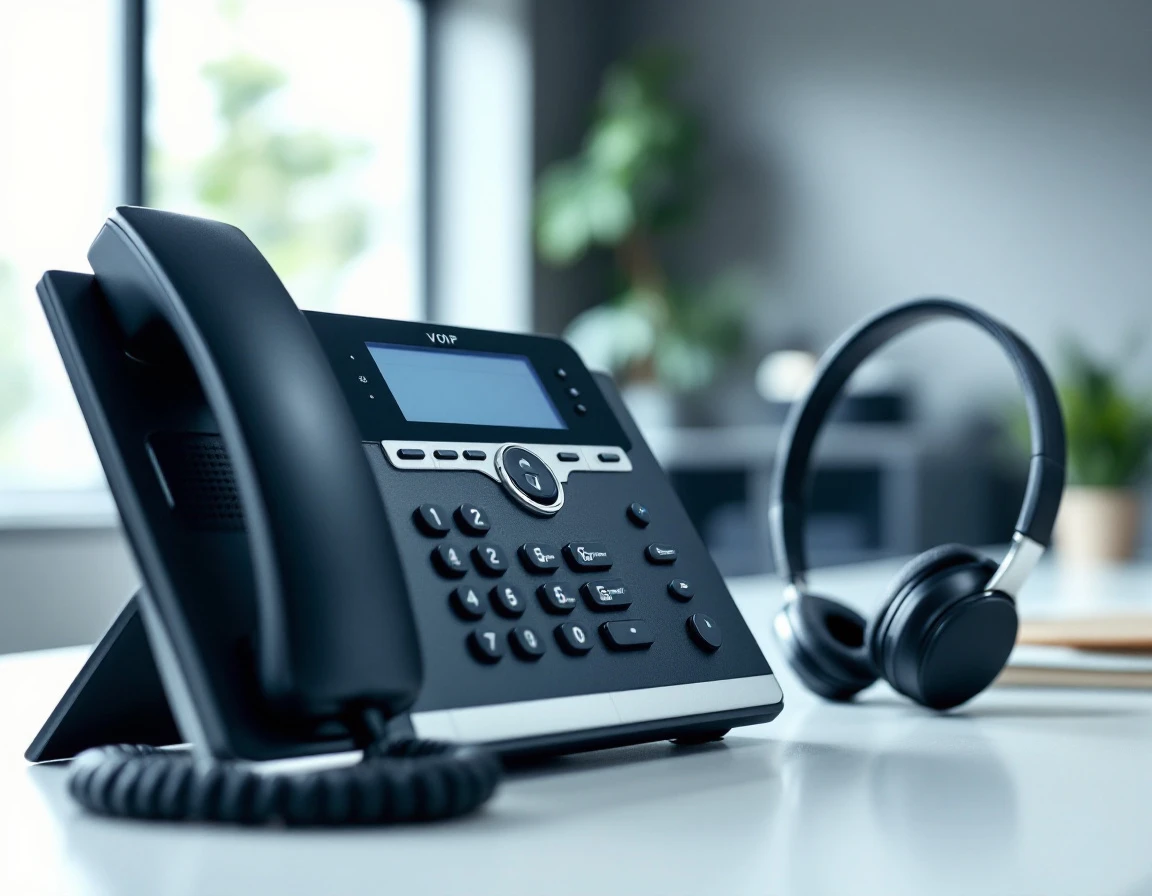 VoIP phone system and wireless headset on modern office desk with natural lighting