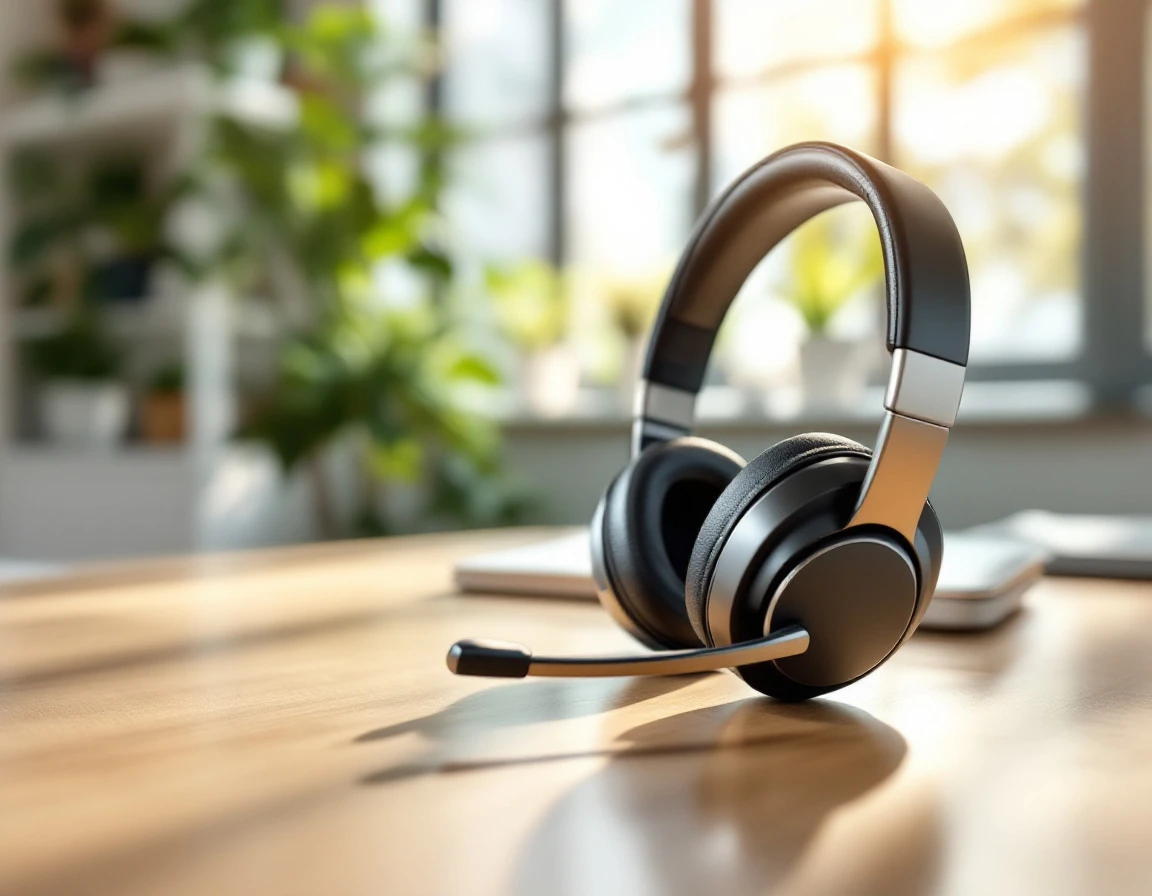 Professional VoIP headset on office desk with natural lighting and plants in background
