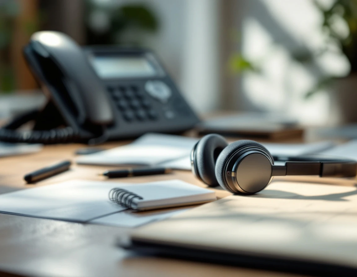 Professional headset and appointment calendar on office desk with phone blurred in background