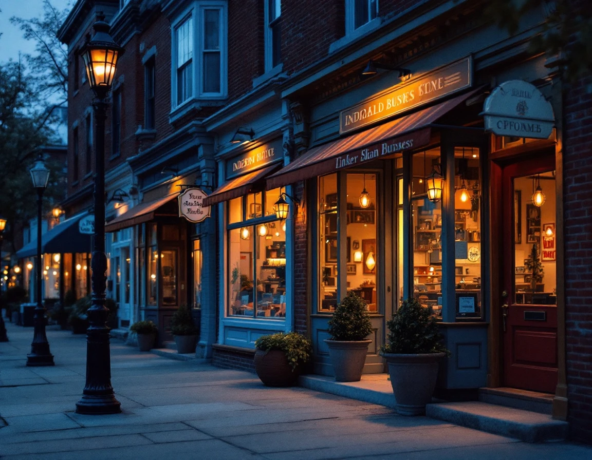 Inviting small business storefronts at twilight with warm lighting and distinctive architectural character