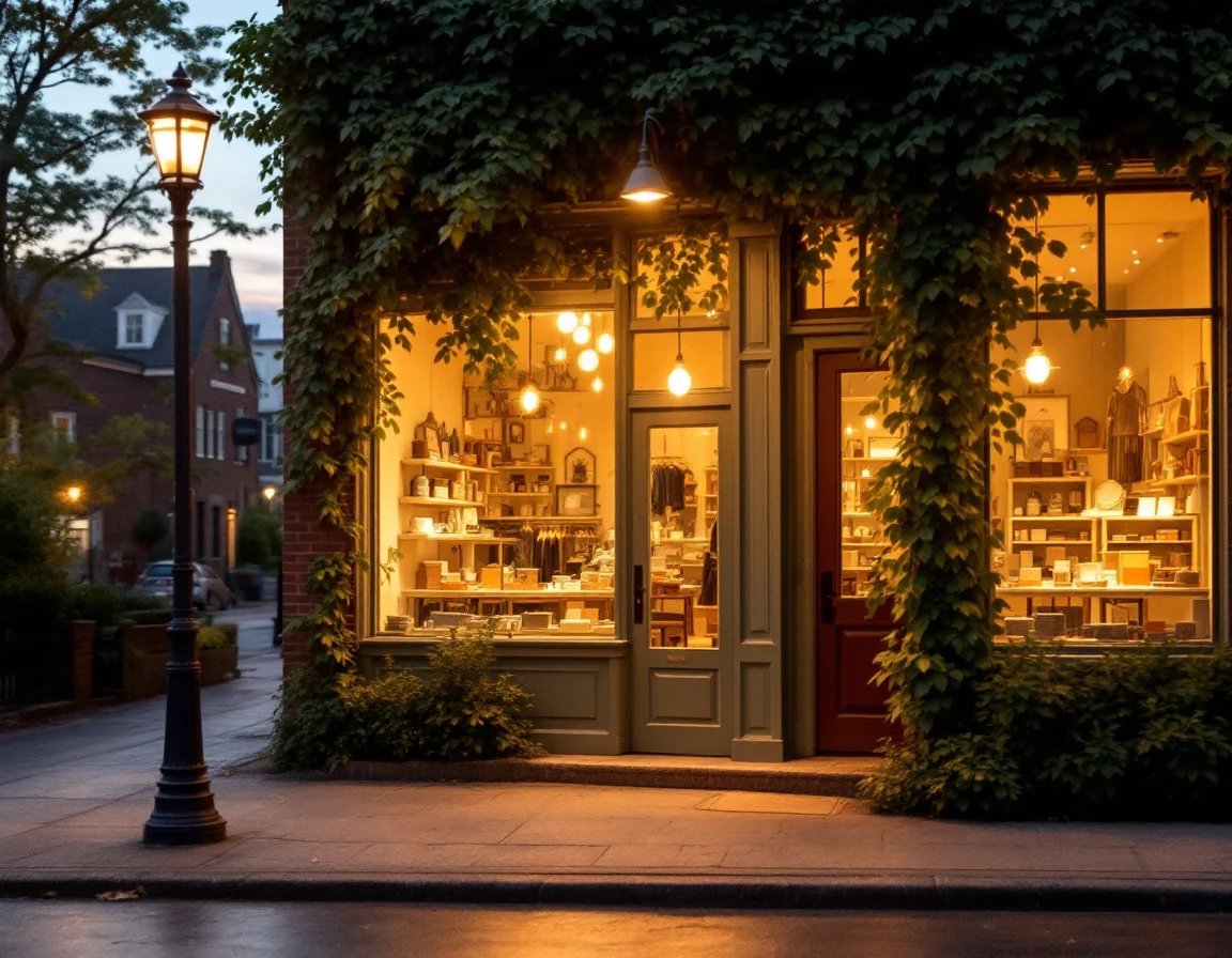 Independent small business storefront with warm window lighting and welcoming entrance at dusk