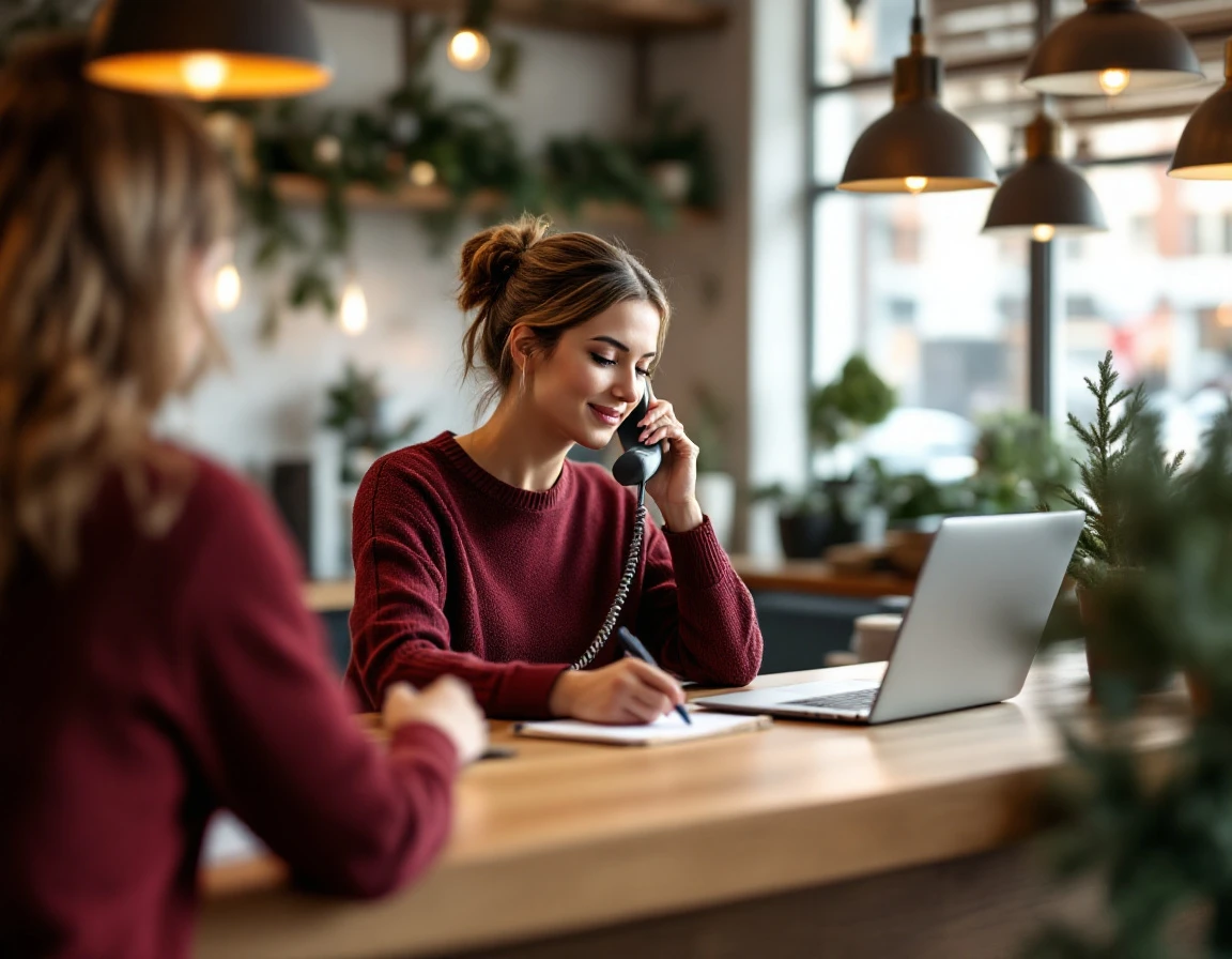 Retail staff member on phone at service counter during busy holiday season with warm lighting