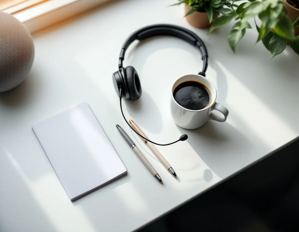 Clean desk workspace with headset, coffee mug, and blank notepad for customer service call handling